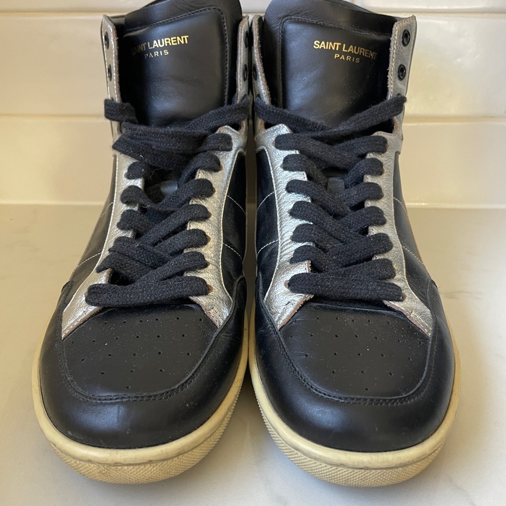 Yves Saint Laurent Black & Silver High-Top Sneakers with Gold Logo - Size 42